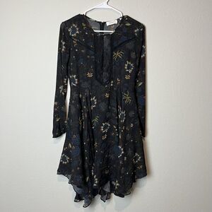 A.L.C. Dress Womens 0 Black Floral Silk Lace Panel Long Sleeve Handkerchief Hem